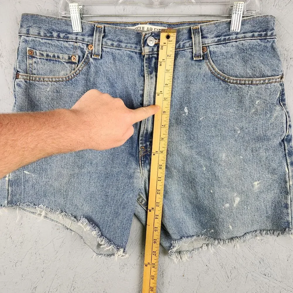 Vintage Levis 505 Shorts Mens 36 Blue Regular Fit Cutoff Painter Paint Splatter